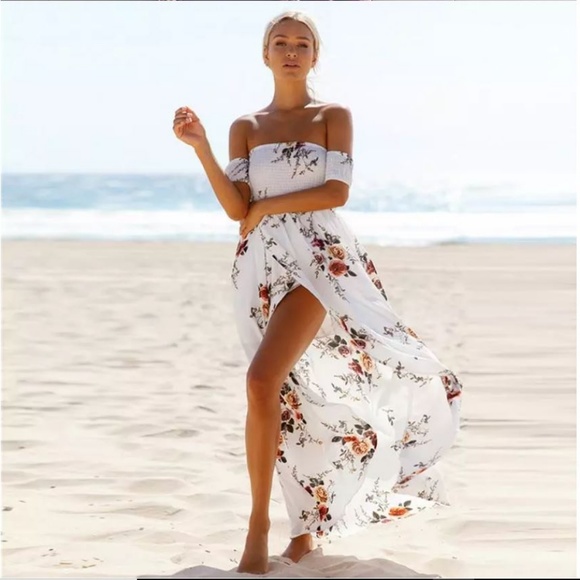 LAST ONE!! Floral Cold Shoulder Maxi Dress, White - Picture 2 of 8